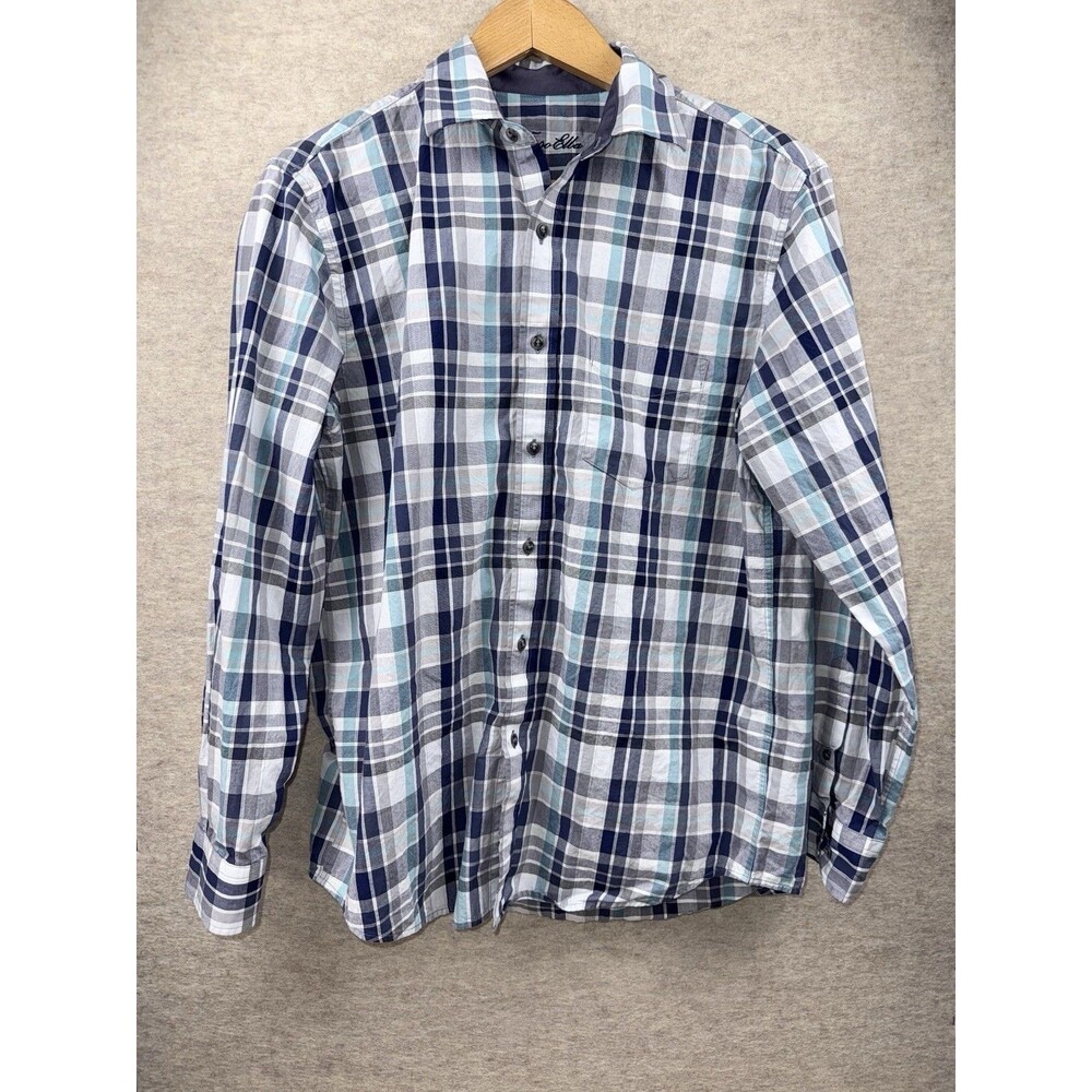 Tasso Elba Men’s Long Sleeve Button Down 100% Cotton M 15-15.5 Blue Plaid - Picture 2 of 7